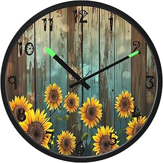 Nander Sunflower Wood Background LED Glow in Dark Wall Clock,12 Inch Silent Blue Light Up Clock for Living Room Decor,Sound Control Glow in The Dark for Bedroom
