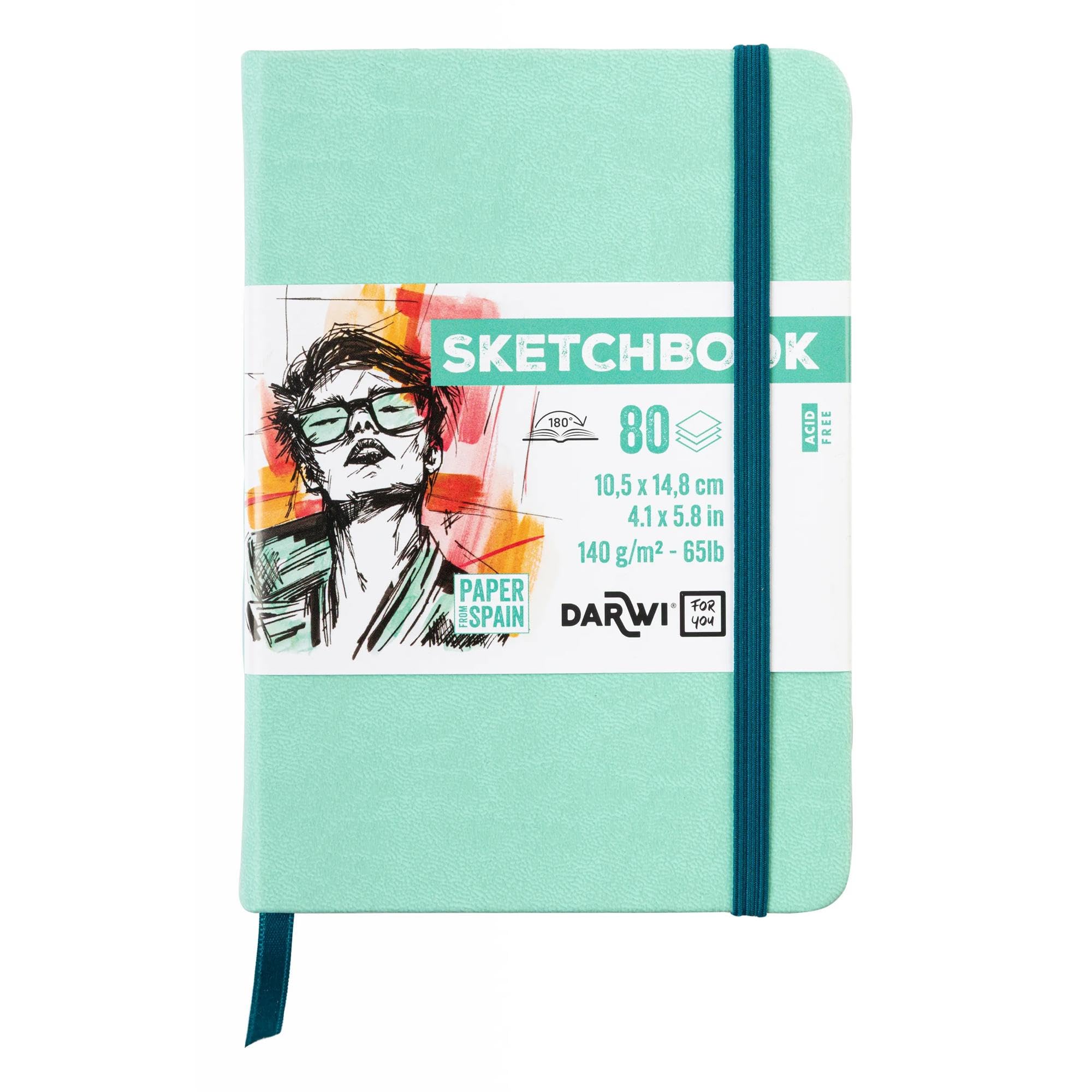Darwi for You DF80010150003C - Carnet Cousu Sketchbook A6 10,5x14,8 cm 140g - 80 Feuilles Papier Dessin Blanc - Couverture Rigide Vert D'eau