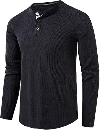 Mens Waffle Henley Shirts Long Sleeve Basic Button T-Shirt Casual Shirt