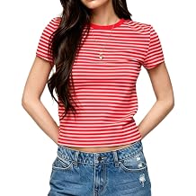 Striped Baby Tees Women Y2K Short Sleeve Slim Fitted Crop Tops Vintage Crew Neck Basic T-Shirt 90s Going Out Shirt