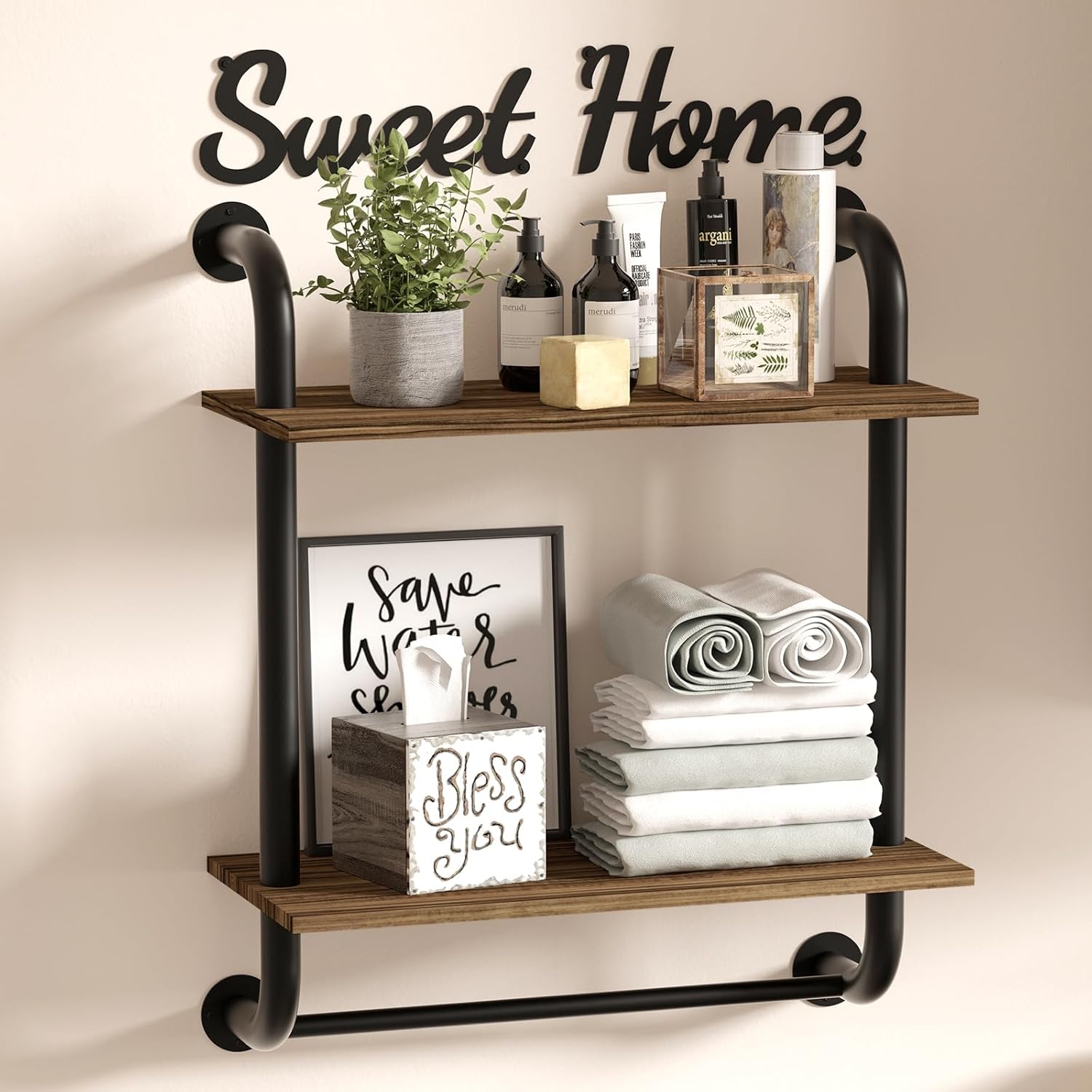 Bathroom Shelves Wall Mounted, Farmhouse Bathroom Decor, 2-Tier Rustic Industrial Pipe Shelving, Floating Shelves for Kitchen Bedroom Living Room, 17.3 inch Brown 2 tier