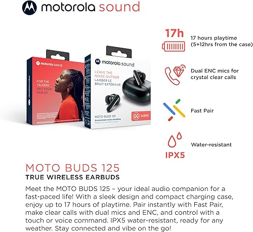 Miniatura 2 de Motorola Sound Moto Buds 125 True Wireless Earbuds, IPX5, impermeables, a prueba de sudor, control táctil, con micrófono de cancelación de ruido