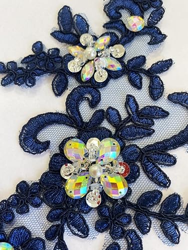 Miniatura 40 de Zbroh Parches de tela de encaje fino bordados con diamantes de imitación bordados, decoración de vestido para coser en lentejuelas cuentas, Azul