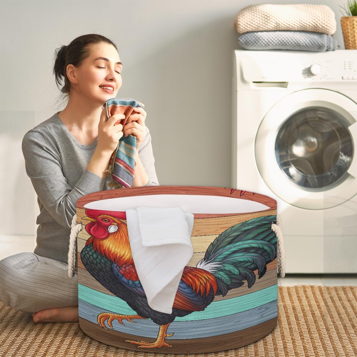 Large Storage Baskets - Rustic Wood Rooster Nursery Round Collapsible Organizer Bin Box, Laundry Hamper for Kids Toys, Blanket, Bedroom Living Room Home Decor, Gift Basket, 19.4"x13.3"