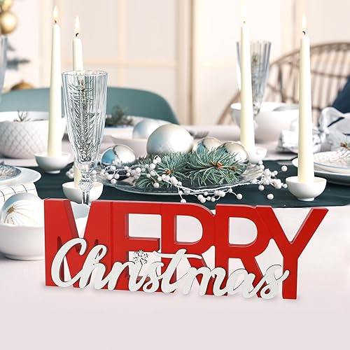 Miniatura 5 de COCHIE Letrero de madera con texto en inglés "Merry Christmas", decoración de invierno para el hogar, oficina, estante, repisa, repisa, interior,