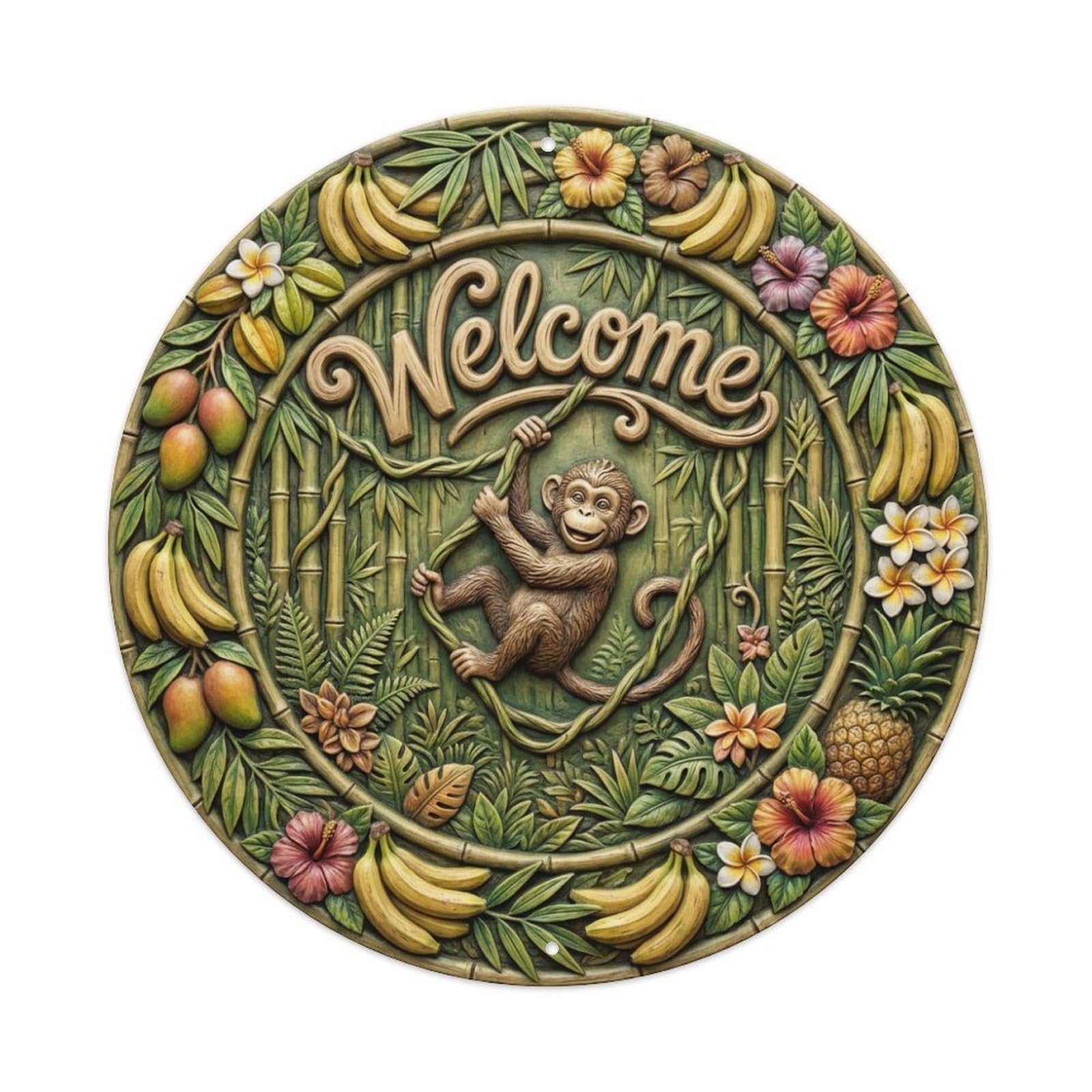 Metal Tin Sign Monkey Vine Welcome Playful Tropics