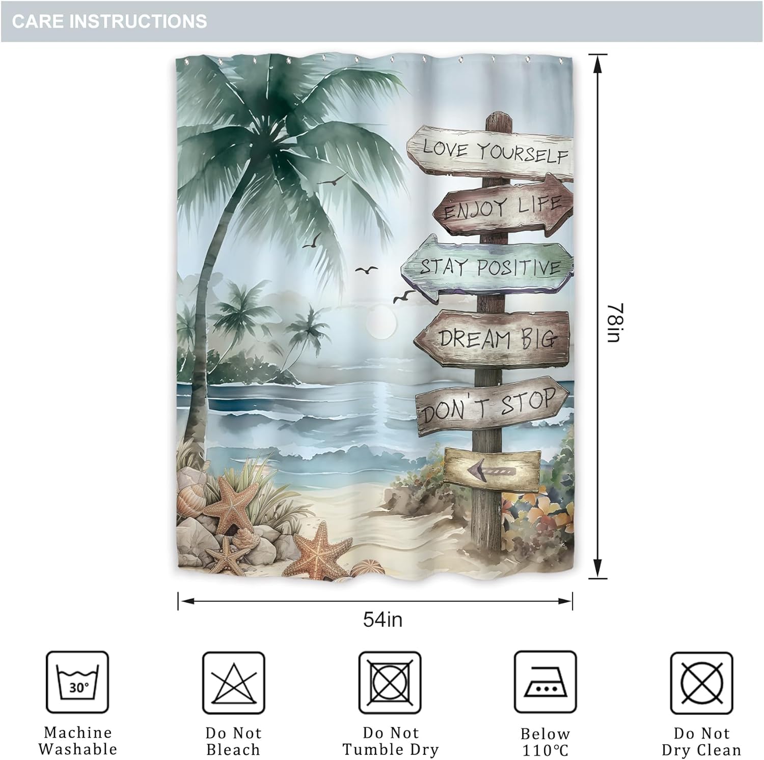 Riyidecor Small Tropical Beach Shower Curtain for Bathroom Decor 54Wx78H Stall Narrow Long Palm Tree Blue Seaside Sunset Coastal Quotes Art Printed Fabric Polyester Waterproof 12 Pack Plastic Hooks