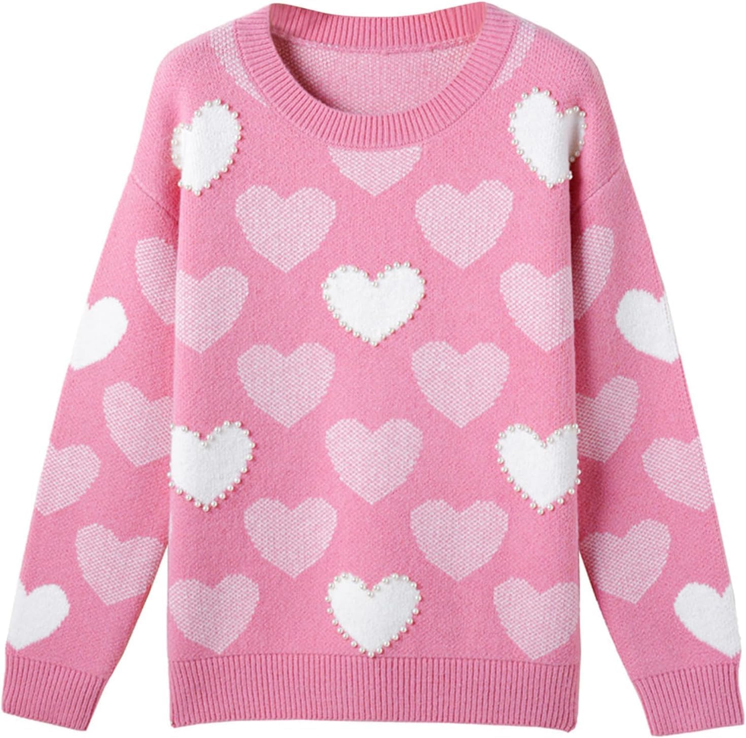 Mommy and Me Outfits Pink Pearled Heart Print Valentine's Day Crew Neck Sweater Spring Tops