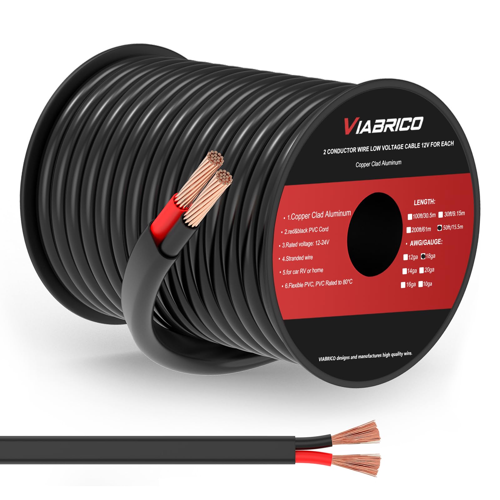 VIABRICO 18 Gauge 2 Conductor Electrical Wire, 18 AWG 0.82mm PVC Cord, 12V/24V DC Low Voltage/Copper-clad Aluminum(CCA) Flexible/2 Wire for Automotive LED Strips Lamp Lighting Marine 15.5M/50FT)
