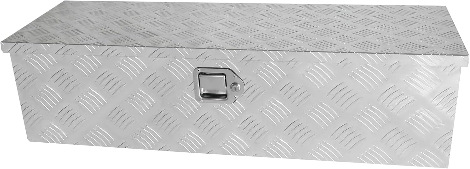 Truck Bed Toolbox for Trailer Pickup, RV Storage Organizer Tool Box Flatbox with Side Handle Lock Keys, Aluminum 5 Bar Tread Pattern Truck Bed Tool Box, Diamond Plate Chest Box Organizer 39 inches