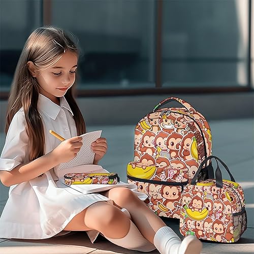 Miniatura 8 de Mochila de mono para niñas y niños, bonita mochila escolar de 16 pulgadas, bolsa de computadora portátil de gran capacidad de dibujos animados para