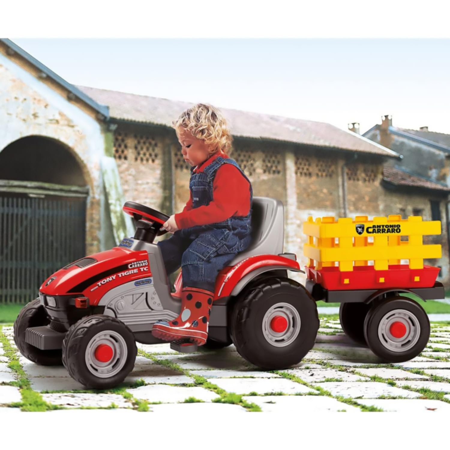 Peg Perego Mini Tony Tigre - Trattore a Pedali per Bambini dai 2 Anni con Rimorchio Rimovibile e Sedile Regolabile, Design Firmato Antonio Carraro