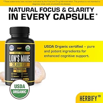 HERBIFY Lions Mane Supplement - Daily Mushroom Supplement for Memory, Focus & Clarity - Brain Booster - Lions Mane Capsules for Natural Immune Support - Vegan, Organic - 120 Capsules
