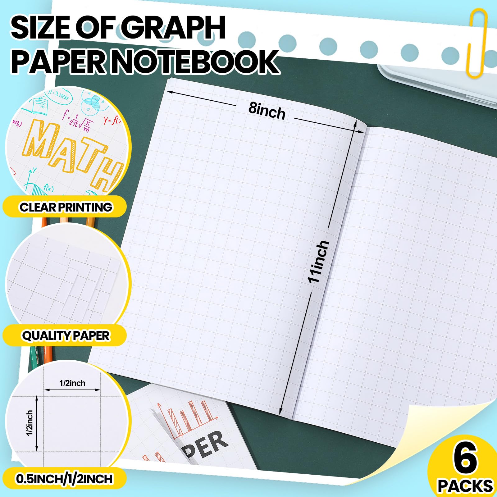 Ctosree Lot de 6 feuilles de papier graphique pour enfants - Carrés de 1,27 cm - Papier graphique mathématique - Cahier de composition - 21,6 x 27,9 cm - Quadruple quadrillé - Fournitures scolaires