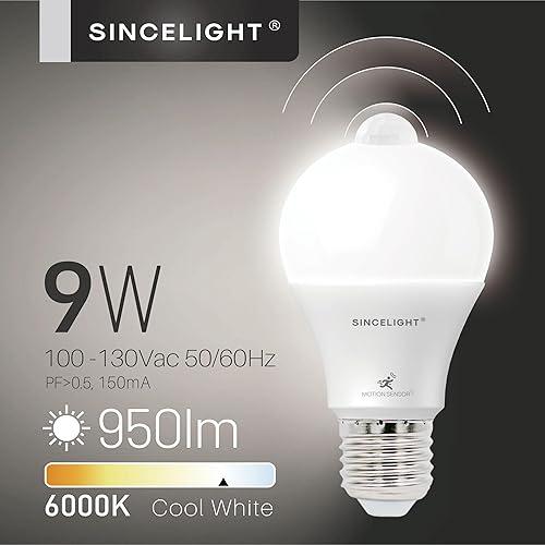 Miniatura 2 de SINCELIGHT Bombilla LED con sensor de movimiento de 9 W E26, PIR activada por movimiento en la oscuridad, encendidoapagado automáticamente por