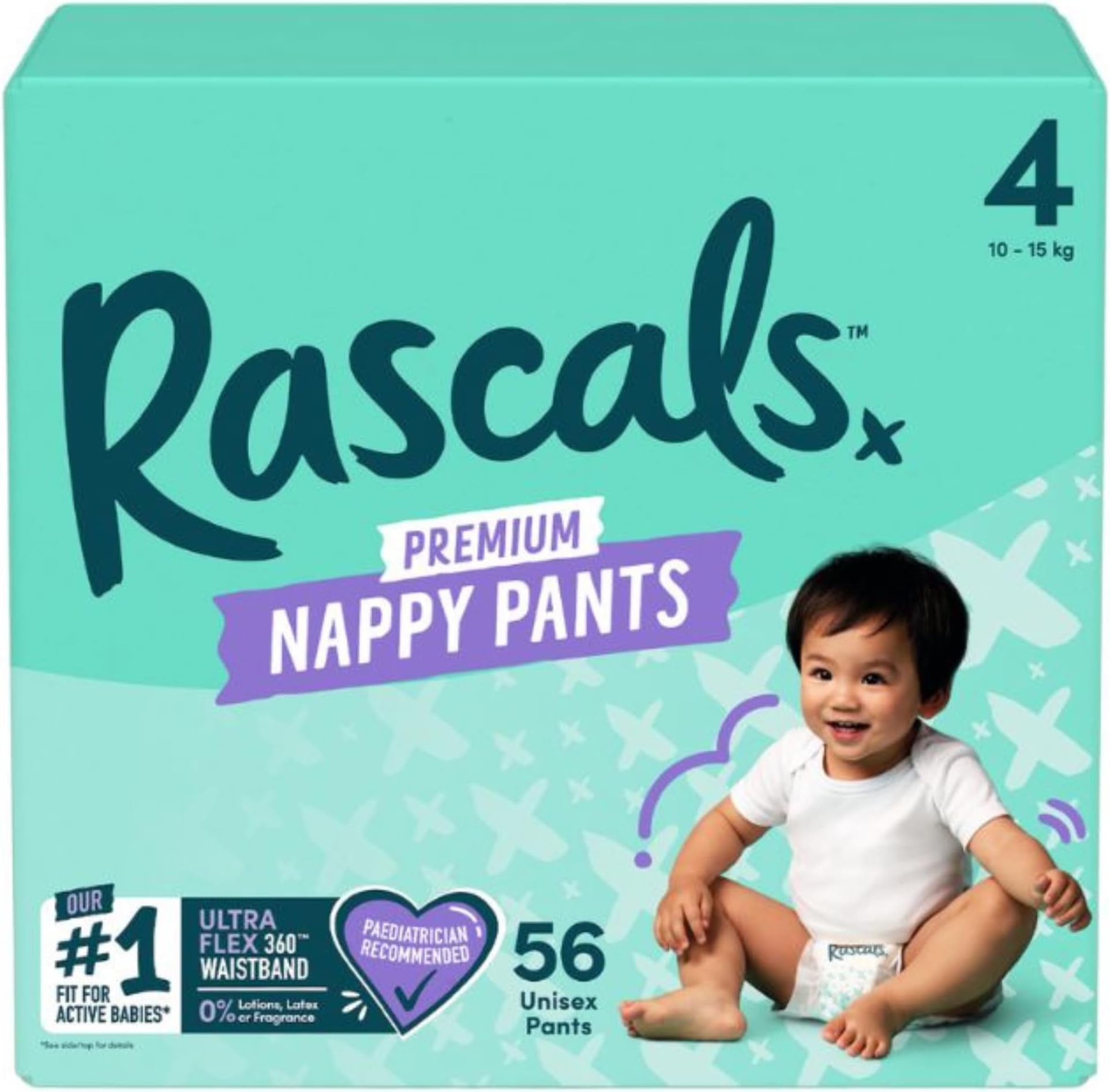 Rascals Premium Training Baby Diaper Pants - Easy Pull-Up Design Diaper Pants - Soft & Comfortable Diapers Pant Size 4 - Ultra Flex 360 Waistband 10-15 kg - 56 Count