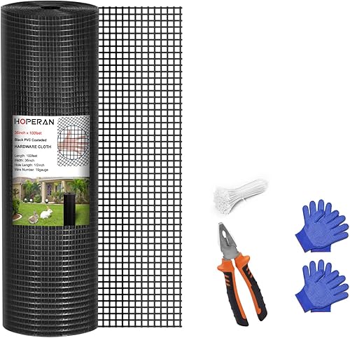 HOPERAN Hardware Cloth - Malla de alambre de pollo recubierta de PVC negro de 19 Ga, 36 x 100 pies, 12 pulgada, vinilo + valla galvanizada de doble
