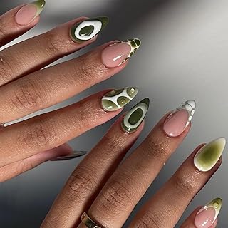 SINHOT Almond Press on Nails Medium - Green Ombre Fake Nails Glossy Glue on Nails Crocodile Print Nails French Tip Stiletto Artificial Nails Stick on False Nails with Design DIY 24 pcs