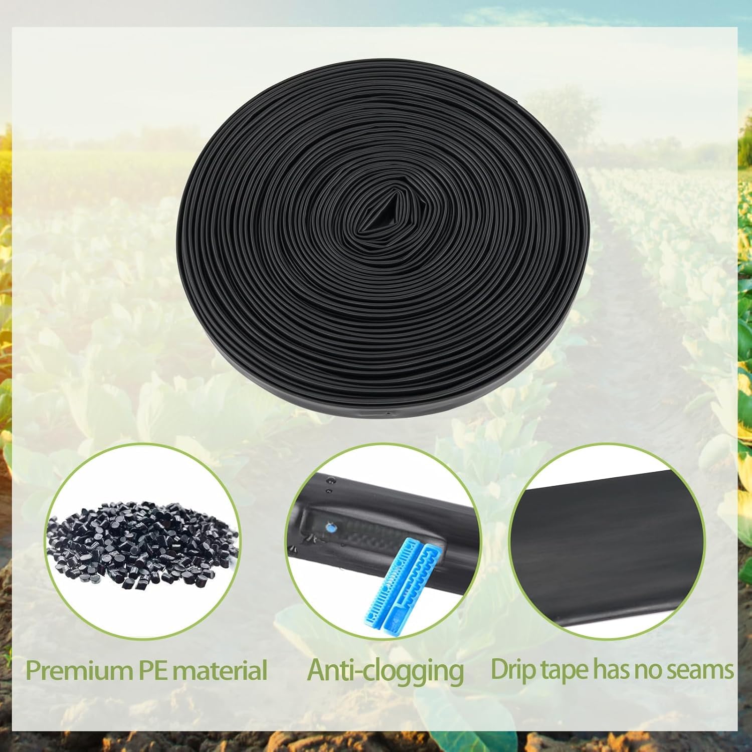 Kit de cinta de riego por goteo de 200 pies de 5/8 pulgadas, espaciado del emisor de 6 pulgadas con 20 conectores de cinta de goteo y 20 extremos de fila de cinta de goteo, equipo automático para