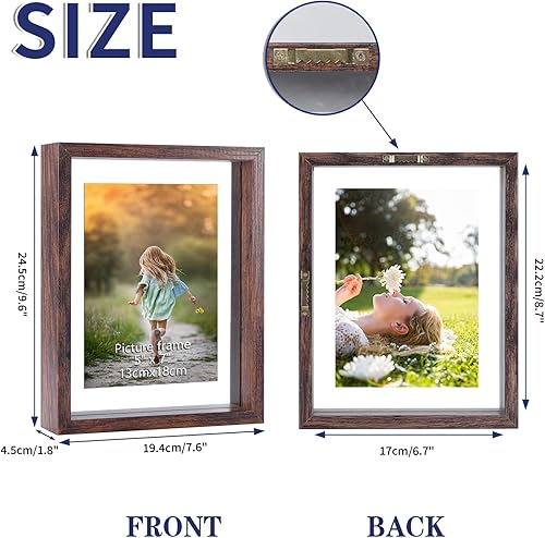 Miniatura 2 de WIFTREY Portarretratos flotantes de 5 x 7 pulgadas, 2 unidades, marco de doble vidrio envejecido de 5 x 7 pulgadas para montaje en mesa o pared,