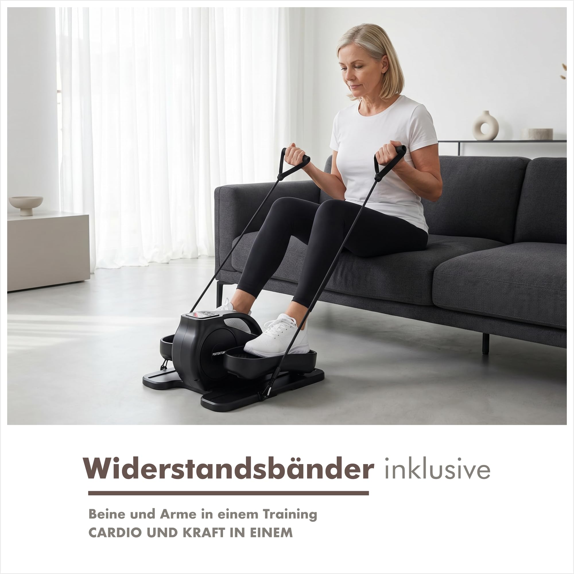 PORTENTUM Mini Ellipsentrainer elektrisch mit Widerstandsbändern – Matte und Schlaufen – Pedaltrainer für Senioren automatisch und manuell mit 12 Geschwindigkeiten – Fernbedienung – Kompakt für Büro
