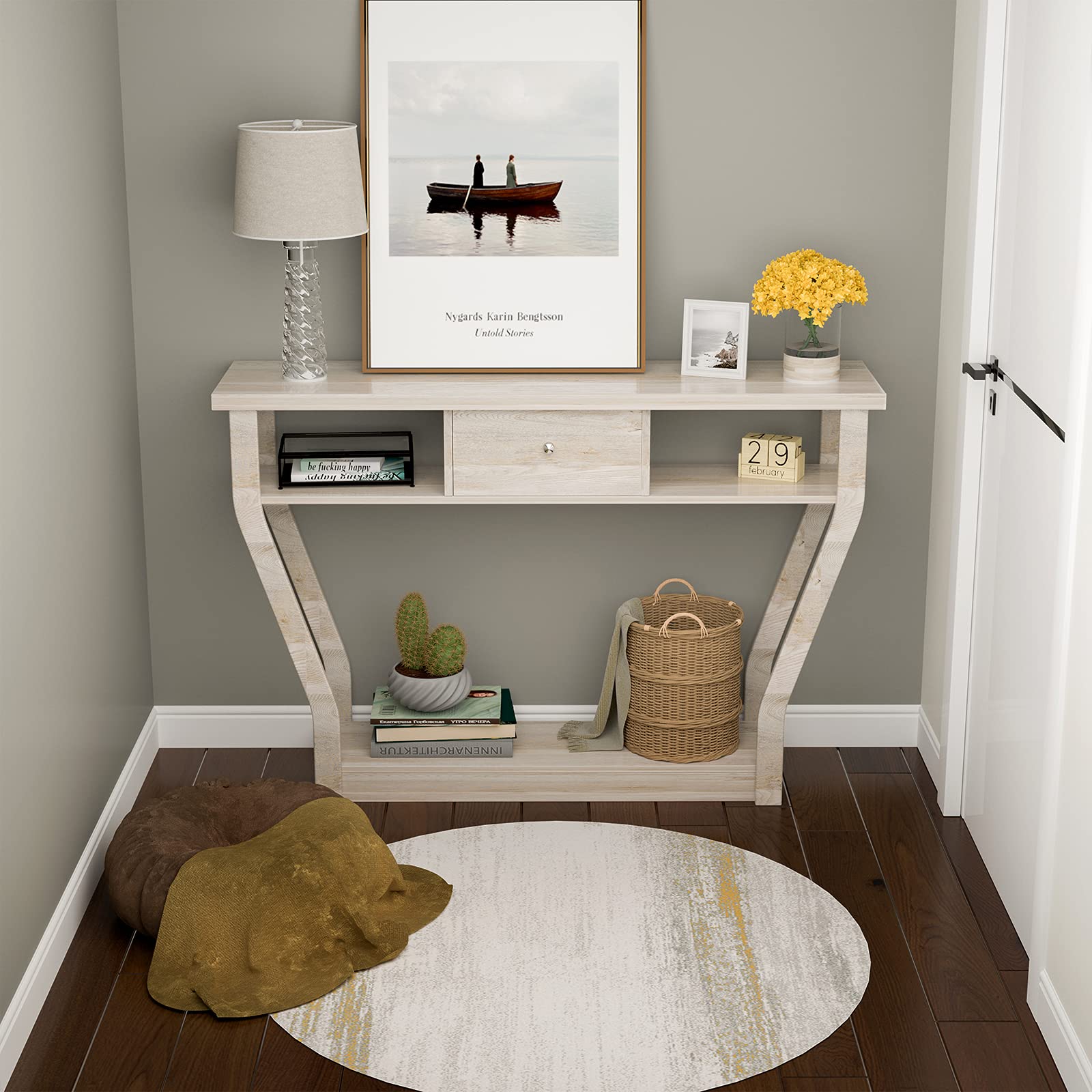 GIANTEX Mesa Consola Estrecha de Madera con Cajón, 120 x 30 x 81 cm, Mesa Auxiliar con Estante Inferior y 2 Estantes Abiertos Laterales, Mueble Recibidor para Entrada, Salón (Gris)