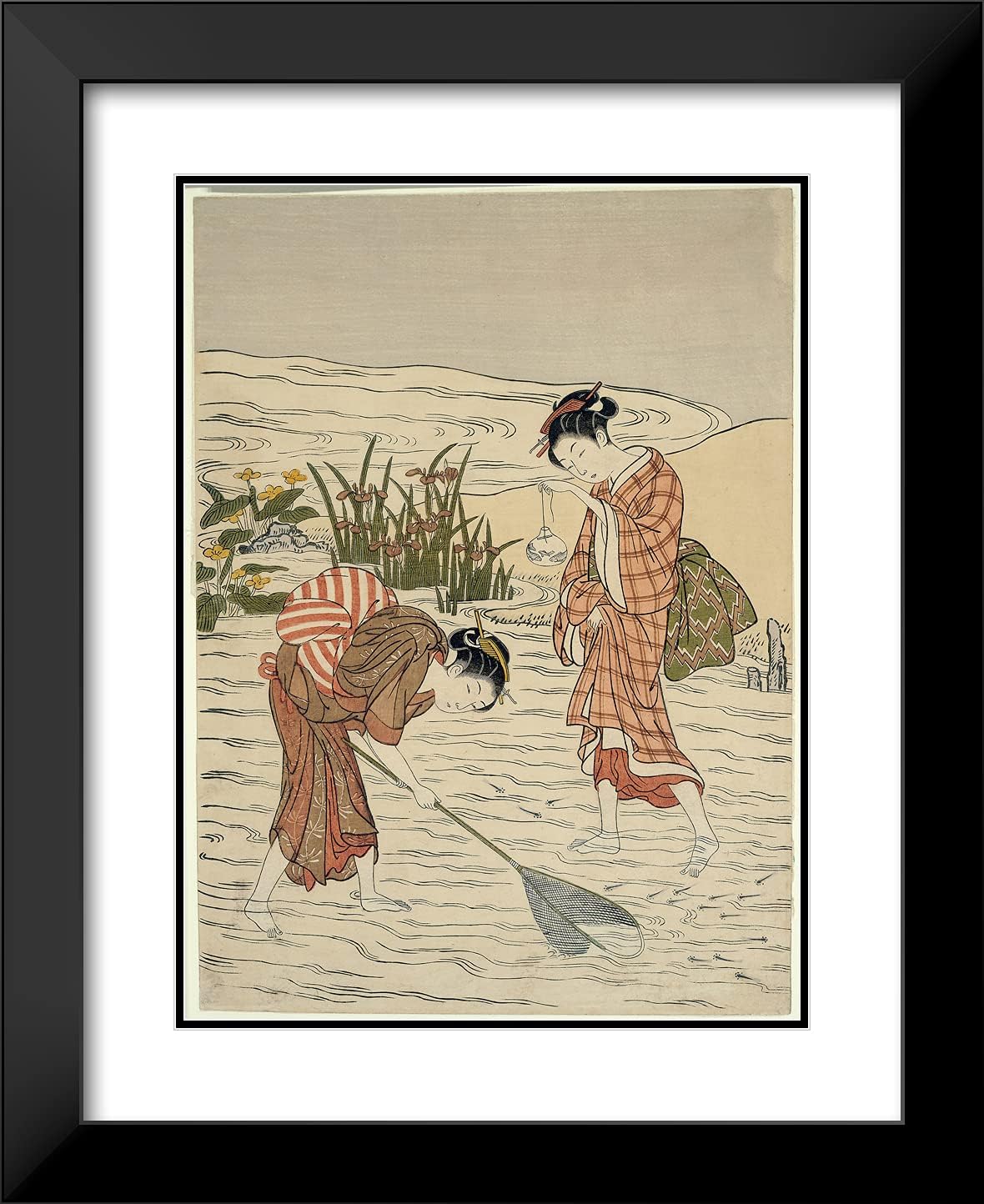 ArtDirect Suzuki Harunobu 20x24 Black Modern Framed and Double Matted Art Print Titled Fishing in Shallow Water