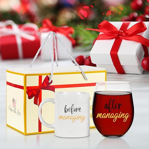Miniatura 2 de Regalos para mujeres, antes de manejar, después de gestionar taza de café de 11 onzas y juego de copas de vino sin tallo de 18 onzas, regalos únicos