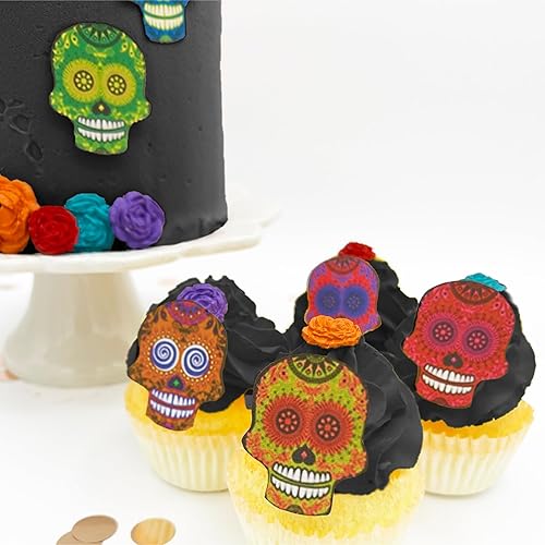 Calaveras grandes comestibles de azúcar  Decoración para pasteles Dia De Los Muertos  Calaveras para tartas  Decoración para cupcakes  Juego de 24
