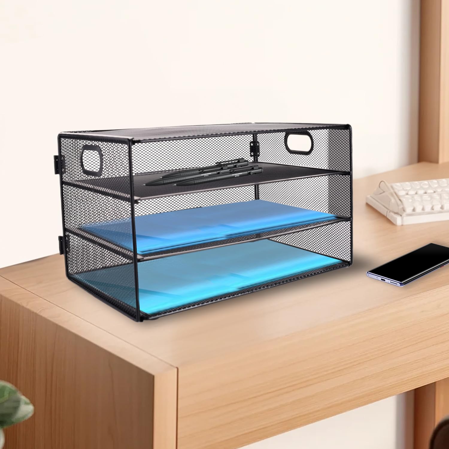 Classement Documents Organisateur Bureau 5 Niveaux Maille Métallique - Classement A4 Coulissant - Pour Papiers, Magazines, Dossiers Rangement Bureau Organisé