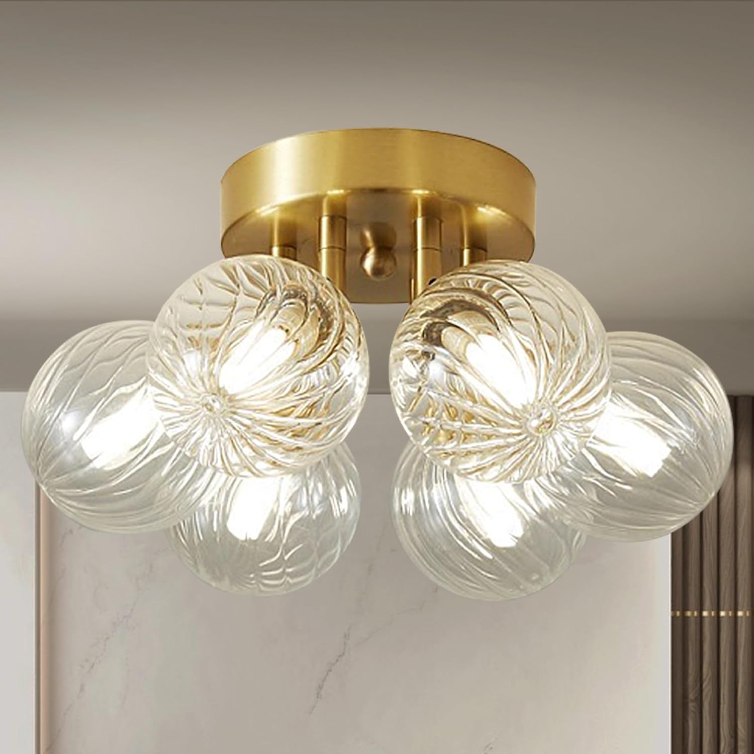 Semi Flush Mount Modern Ceiling Bubble Light Fixture, 6-Light Dia 14" Gild Brass and Clear Ribbed Glass Globe Chandelier Close to Ceiling Light Fixtures for Farmhouse Bedroom Bathroom Kitchen Passway
