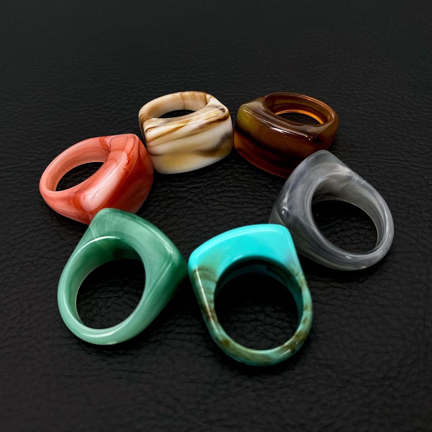 Loqimu 6 Pack Colorful Marble Pattern Acrylic Rings Chunky Midi Stackable Rings Cool Style Resin Rings for Women Teen Knuckle Rings Rectangle Dome Thick Rings Size 6 7 8