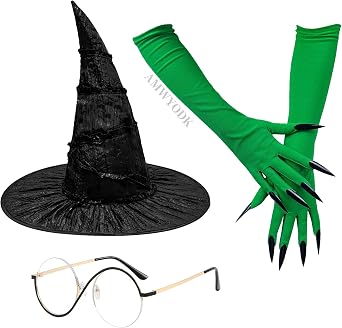 3 Pcs Halloween Witch Costume Accessories, Black Witch Hat, Glasses, Green Gloves for Women Cosplay Dress Up