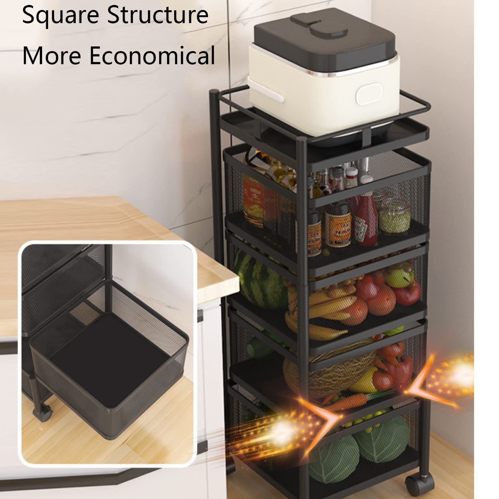 Cesta de almacenamiento de acero al carbono de 4 niveles para cocina y sala de estar, fácil de mover, elegante, diseño moderno, versátil, decoración del hogar, duradera y funcional