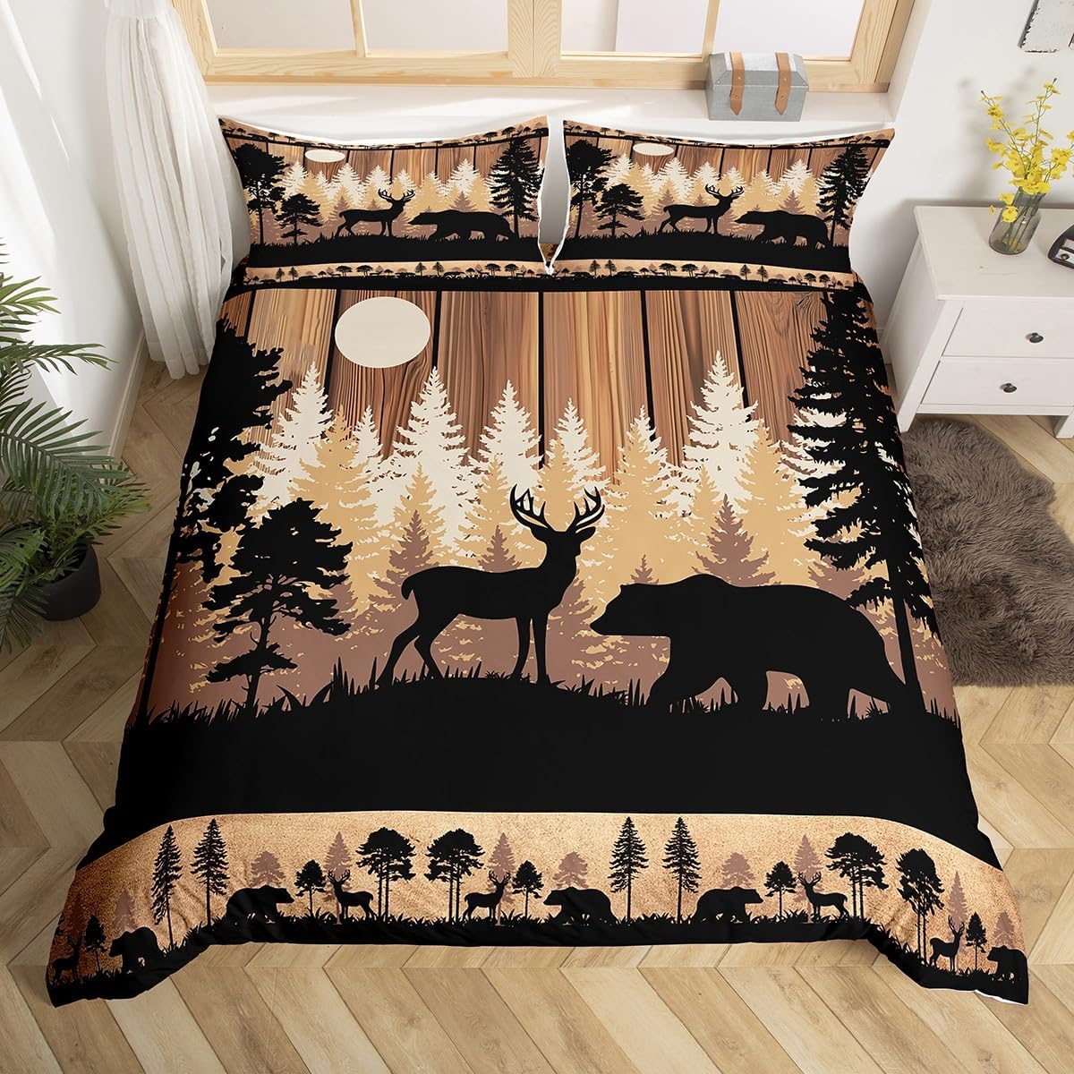 Feelyou Rustic Bear Deer Duvet Cover Set Wildlife Hunting Theme Bedding Set for Kids Boys Girls Wild Animal Comforter Cover Wooden Board Quilt Cover Bedroom Collection 2Pcs Toddler Size,No Comforter