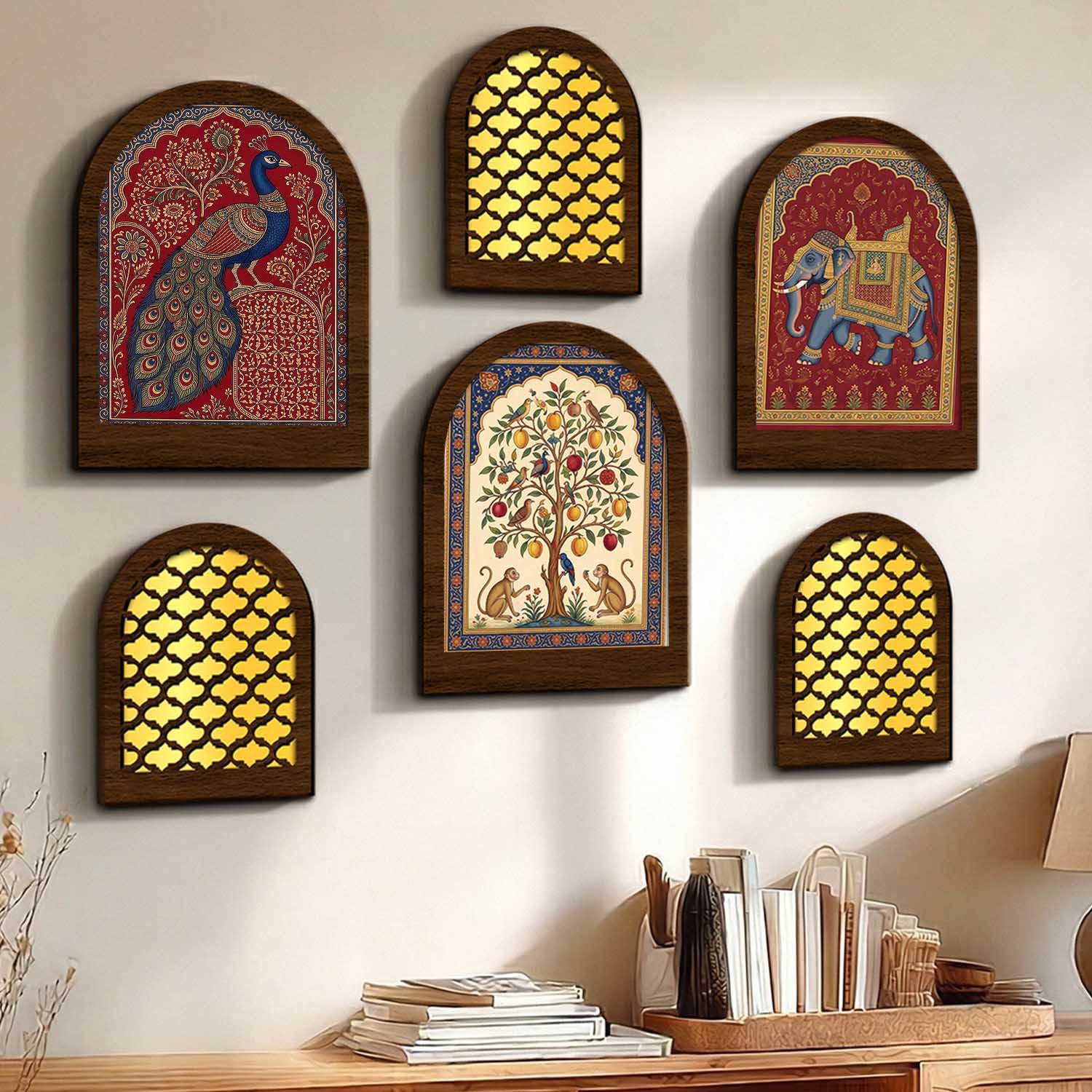 Jharokha Wall Mirror Set - Traditional Indian Decor, 9x12 Inch,8x10 Inch Set of 6, MDF Wall Hanging for Living Room, Bedroom, Hallway, Premium Home Decoration (Mirror04)-image-46