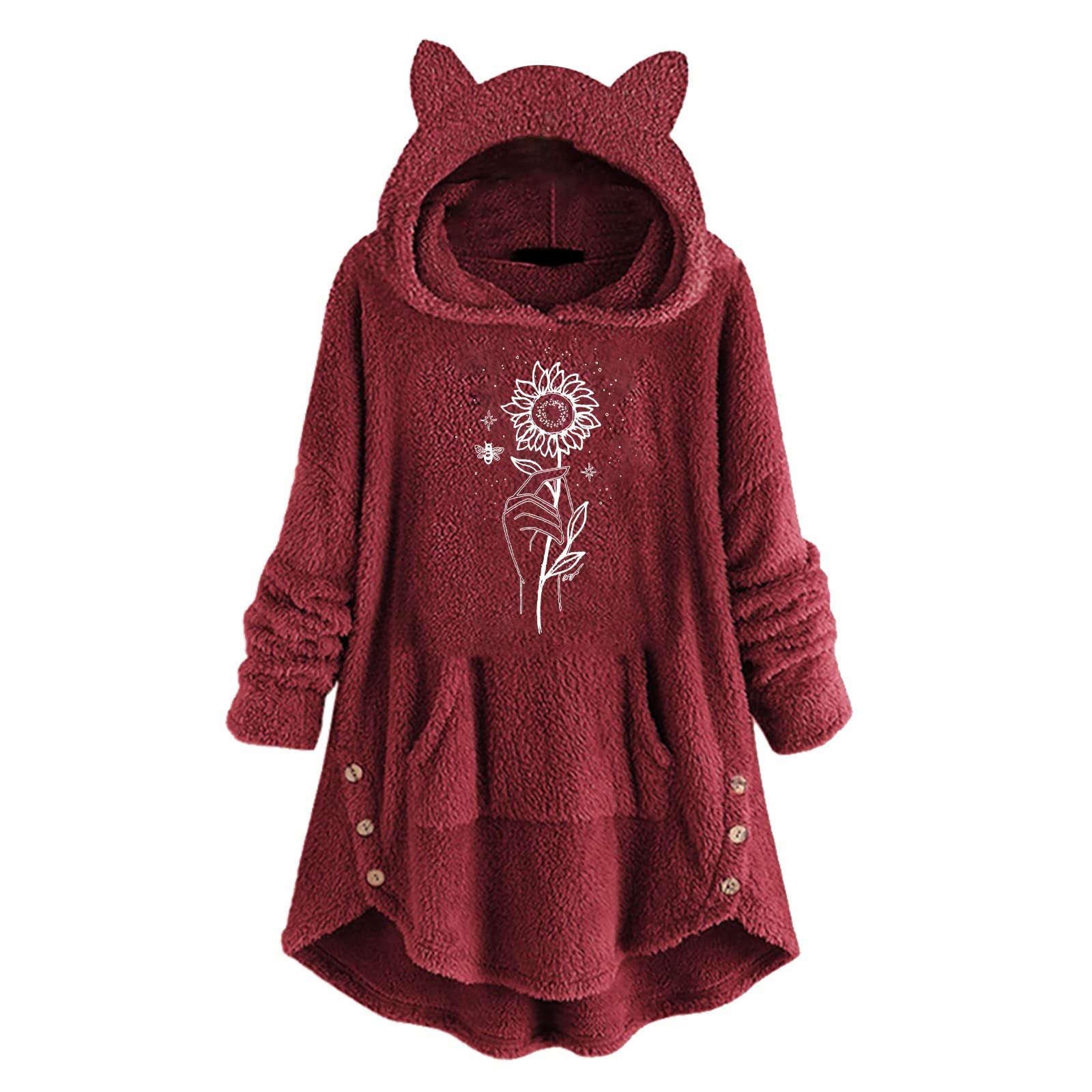 Womens Heavy Hoodie Sweatshirt Hoodies Women's Long Sleeve Cat Ear Hat  Hoodie Fleece Cute Print Top With Button Pockets Girls Oversized Hoodie  Women's
