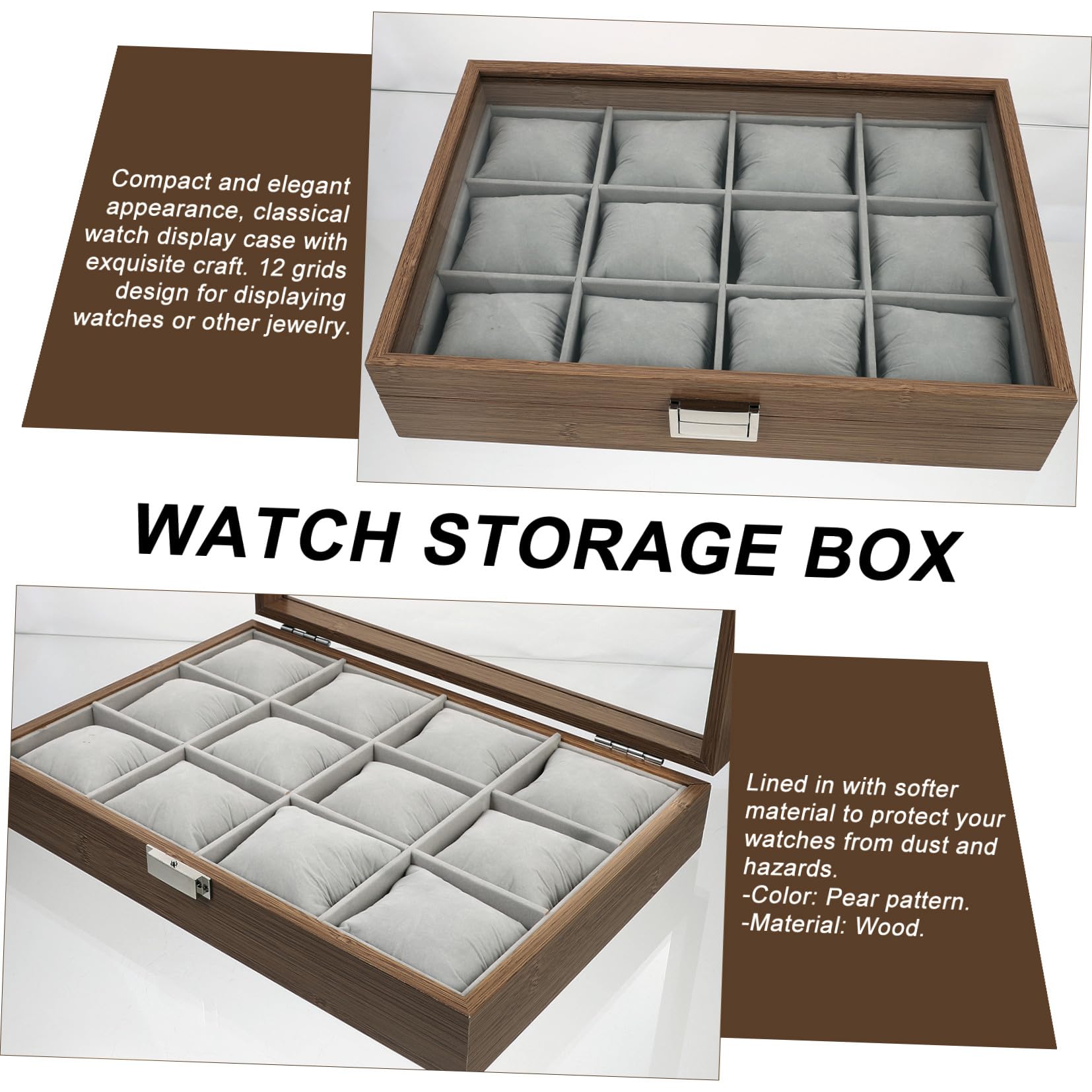 POPETPOP Vassoio Espositore in Legno con 12 Scomparti per Orologi e Braccialetti, Cuscini Morbidi Rimovibili, Organizer Elegante per Uso Personale e Decorazione Casa