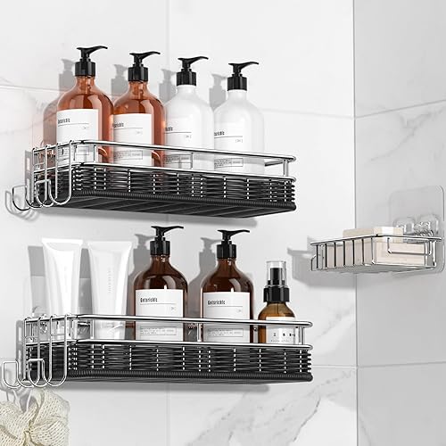 Miniatura 10 de Organizador adhesivo para ducha, estantes de ducha con 16 ganchos, estante a prueba de óxido de esquina de pared para baño interior, sin perforación