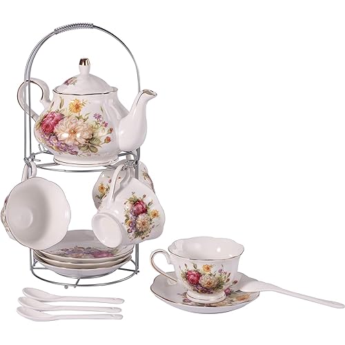 Moptrek pean Ceramic Tea Set Coffee set Porcelain Tea SetWith Metal Holder,flower tea set Red Rose Painting,160ML/Cup,460ML/Pot (Red)