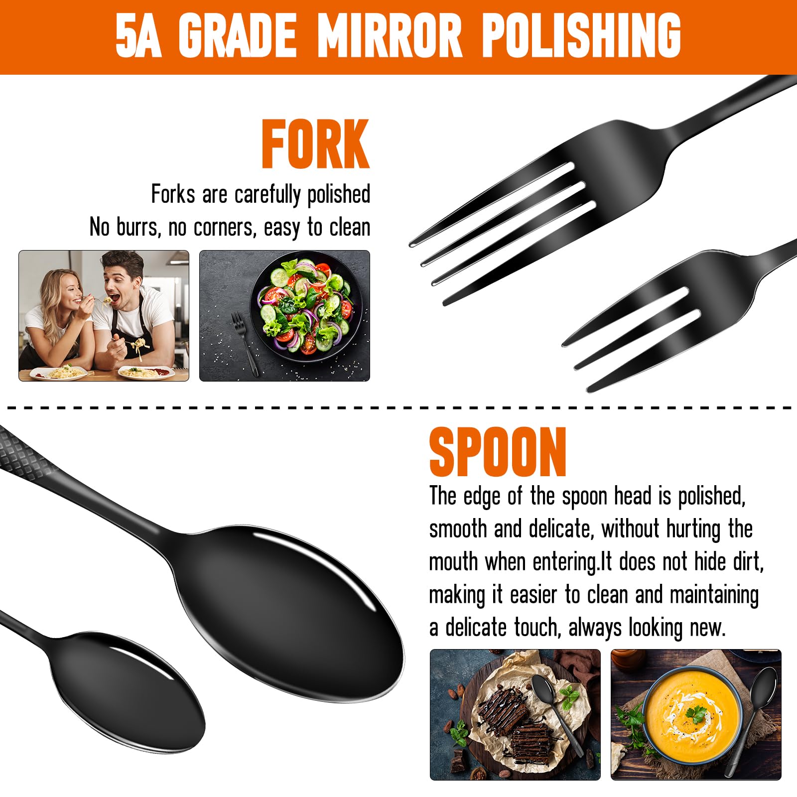 Set di posate per 4 persone, 20 pezzi, in acciaio inox, nero opaco/set di posate con coltello, forchetta, cucchiaio di alta qualità, lavabile in lavastoviglie