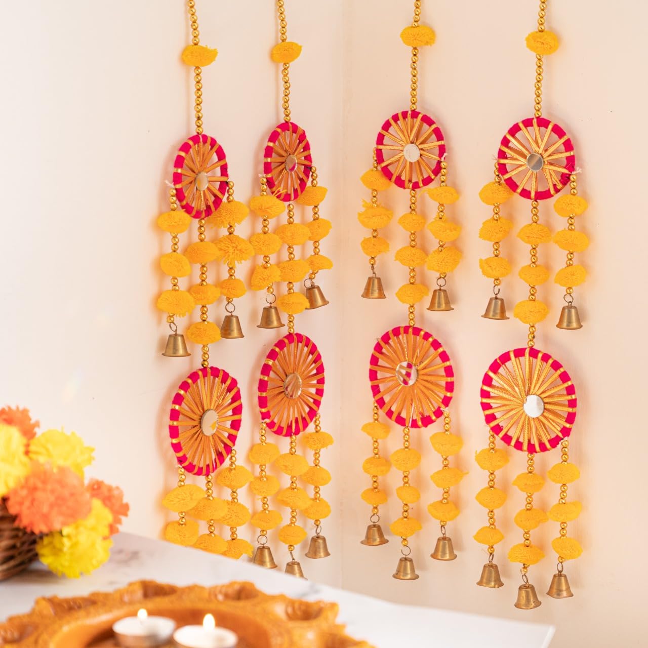 BS AMOR 6 Dual Yellow Chakri Latkan Traditional Hanging Latkan for Party, Wedding, Room, Home, Main Door,Diwali Decoration Items (6)
