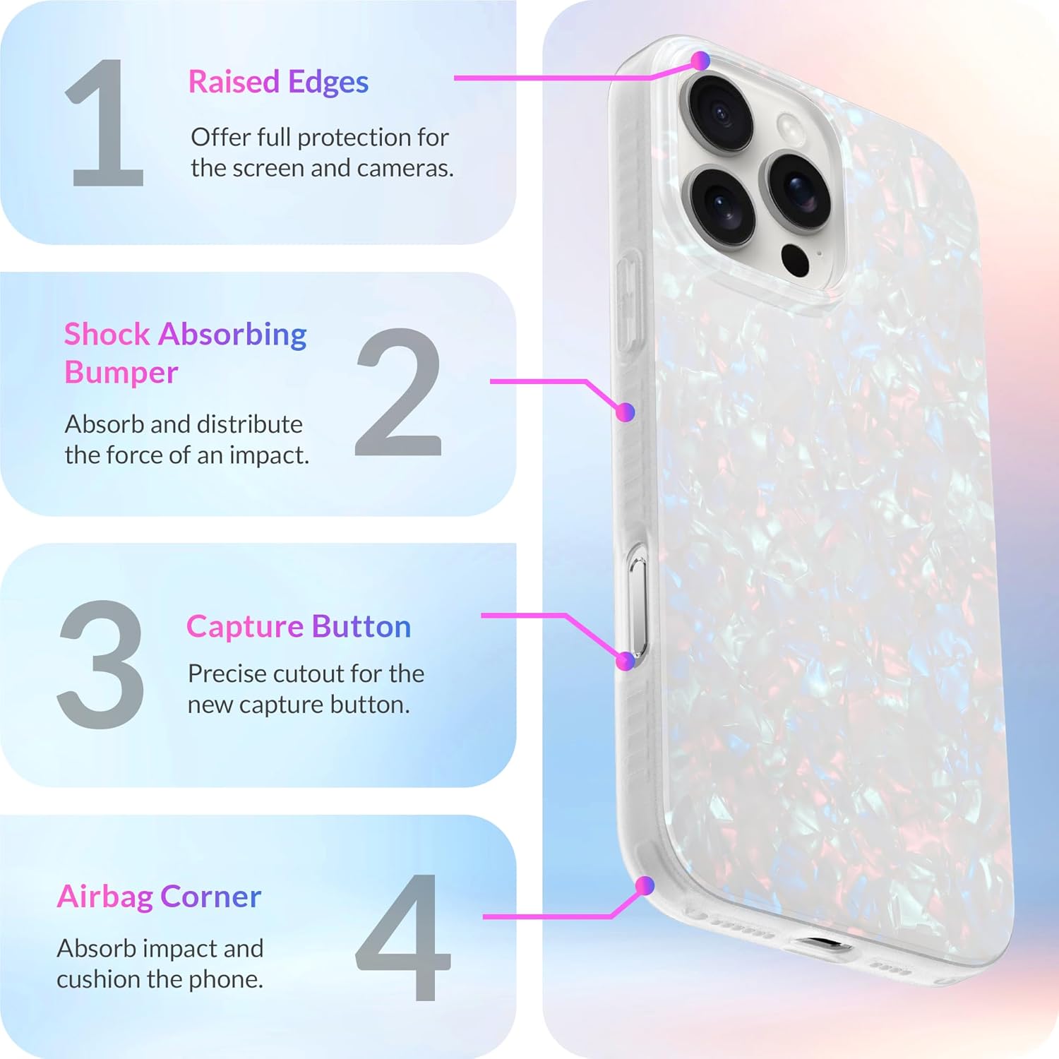 LONLI Hue Case for iPhone 16 Pro Max - [360° Shock-Absorbent Bumper] - [Cute and Unique Phone Cover for Girls and Women] - White Pearl Tort - Image 6