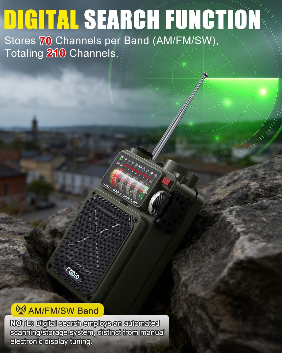 R11 Emergency Crank Radio - 4000mAh/14800mWh NOAA/SW/AM/FM, Solar/Hand Crank/USB Charging, Bluetooth Receiver/USB/TF Playback,with Compass,Flashlight,SOS for Camping & Emergencies - Green - Image 8