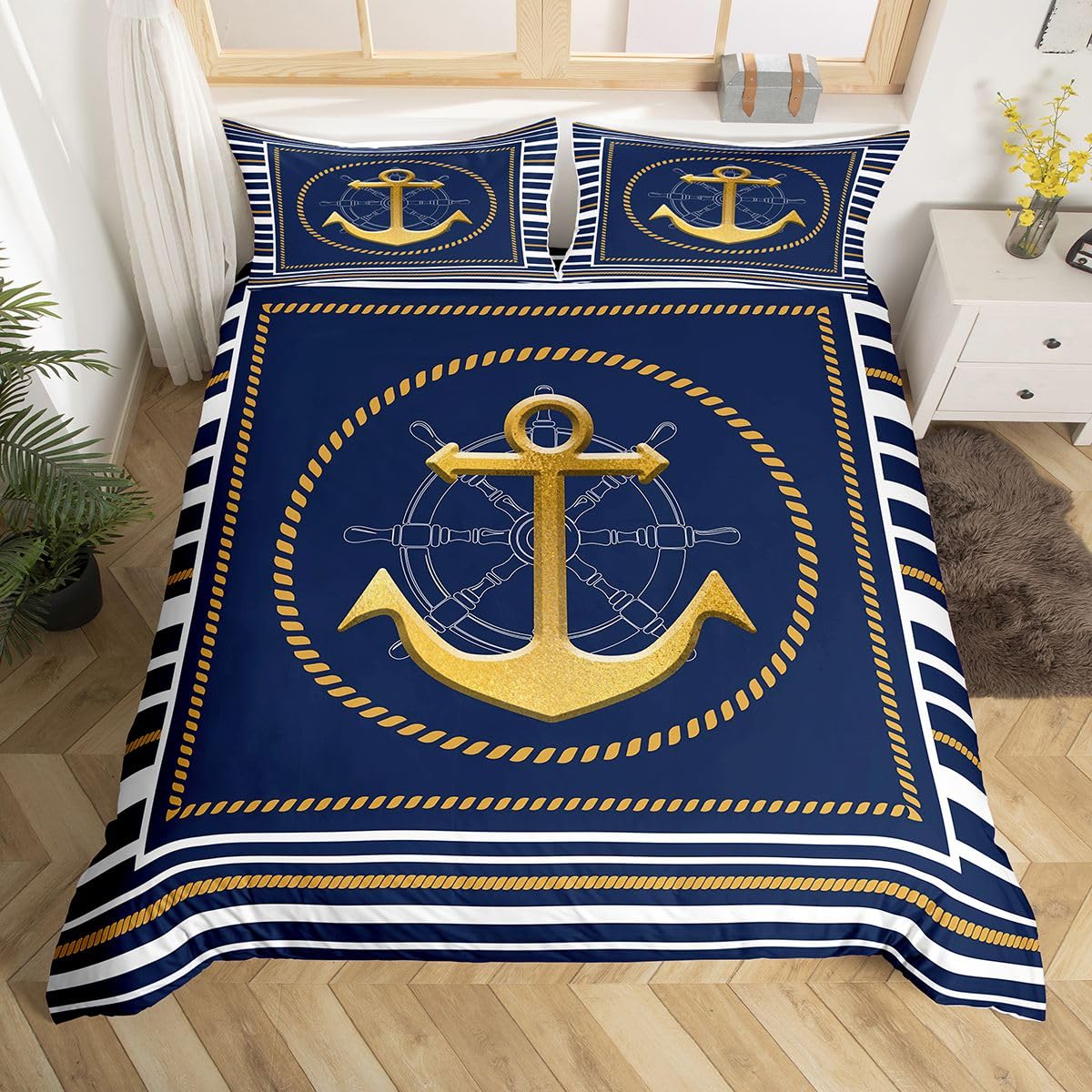 Homemissing Nautical Anchor Duvet Cover King Size Welcome Aboard Bedding Set for Boys Girls Lake House Comforter Cover Navy Blue and Gold Bedroom Decor 3Pcs No Comforter With 2 Pillowcases