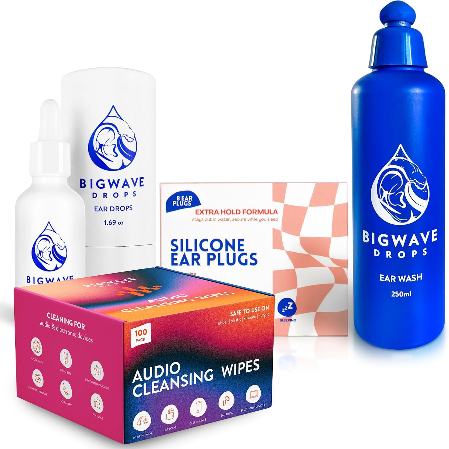 Ear Care Bundle - Includes Ear Drops Ear Wash Audio Wipes for Hearing Aids and Silicone Ear Plugs