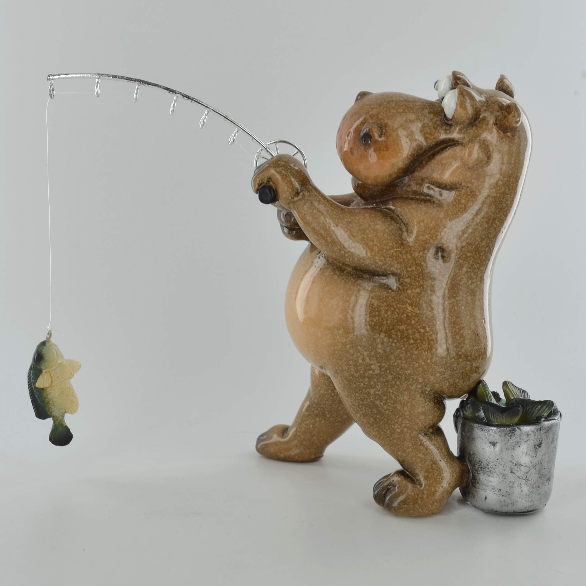 Comical Hippo Fishing Novelty Gift Joke Present Home Decor H15.5cm, Brown - Image 3