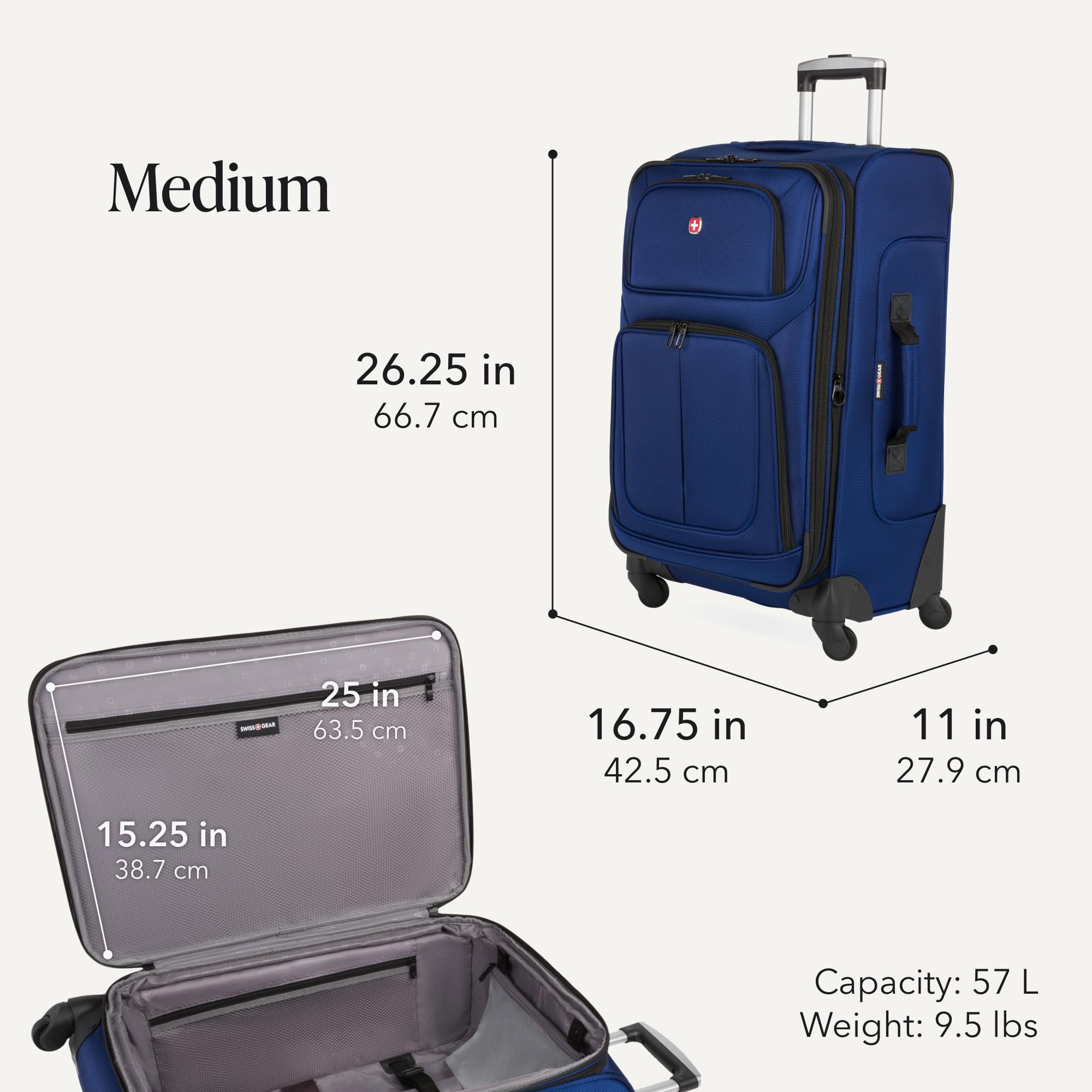 SWISSGEAR Sion Softside Expandable Spinner Luggage Durable Lightweight Travel Suitcase, Blue, 3-Piece Set (Carry-On/Medium/Large) view 3