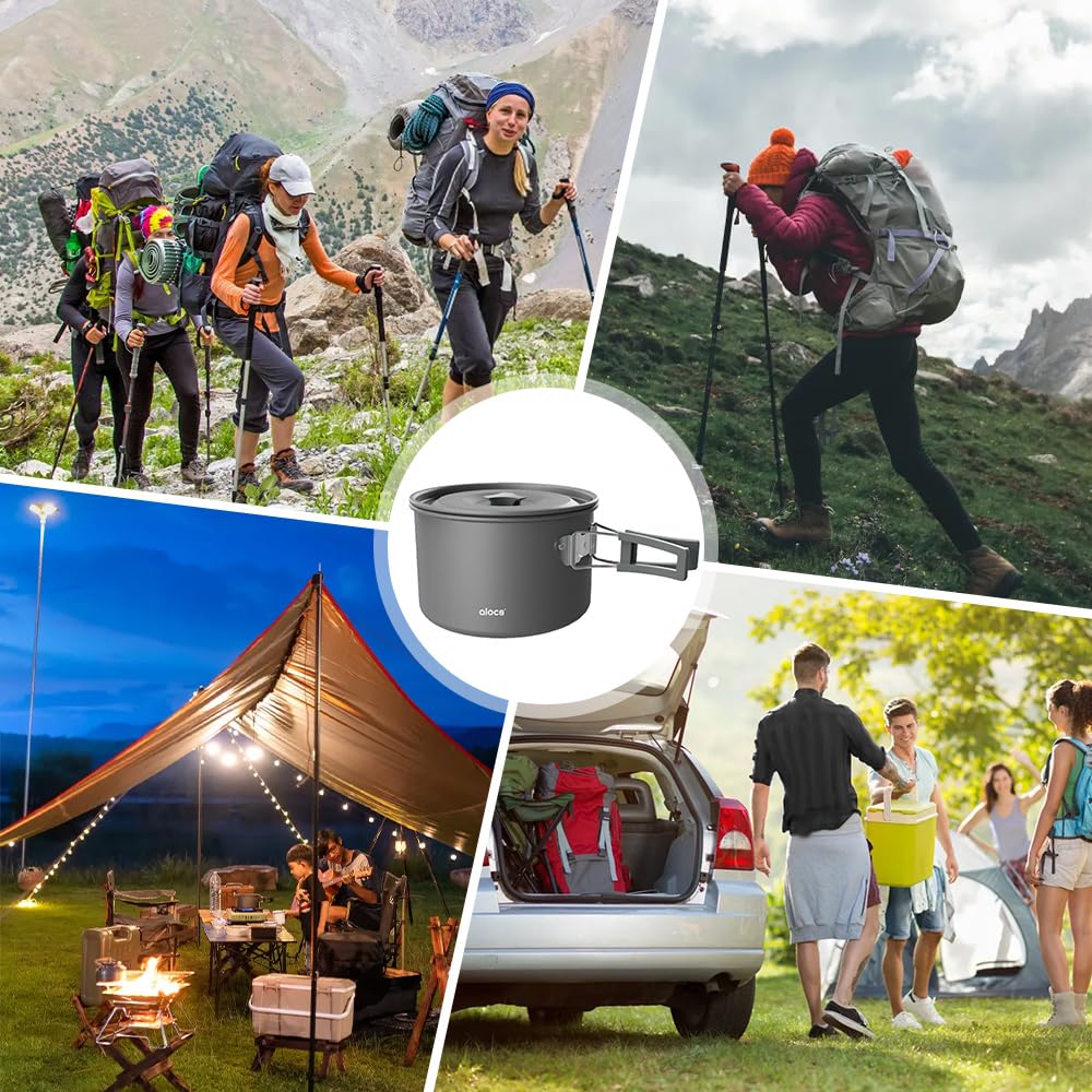 Camping Topf, Aluminiumlegierung Camping Kochtopf, Camping kochgeschirr 1L/1.7L/3L (optional), Outdoor Geschir Set mit Deckel und faltbarem Griff, für Camping Picknick Wandern
