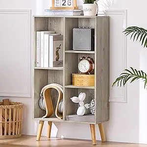 5 Cube Small Bookshelf,3 Tier Mid-Century Modern Bookcase with Legs,Wood Bookshelves Storage Organizer Shelf,Free Standing Narrow Book Shelves,Rustic Grey Corner Bookcases for Bedroom,Living Room